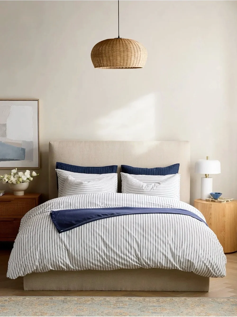 Quince Organic Crisp Percale Double Stripe Duvet Cover Set Navy